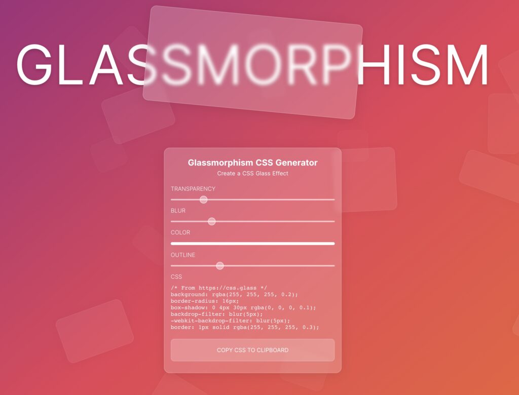 Glassmorphism CSS Generator: Tạo ra những hiệu ứng độc đáo với Glassmorphism CSS Generator. Công cụ này có thể giúp bạn tạo ra các thành phần web với hiệu ứng đẹp mắt và rất chất lượng. Nhấp vào hình ảnh để khám phá công cụ này ngay hôm nay!